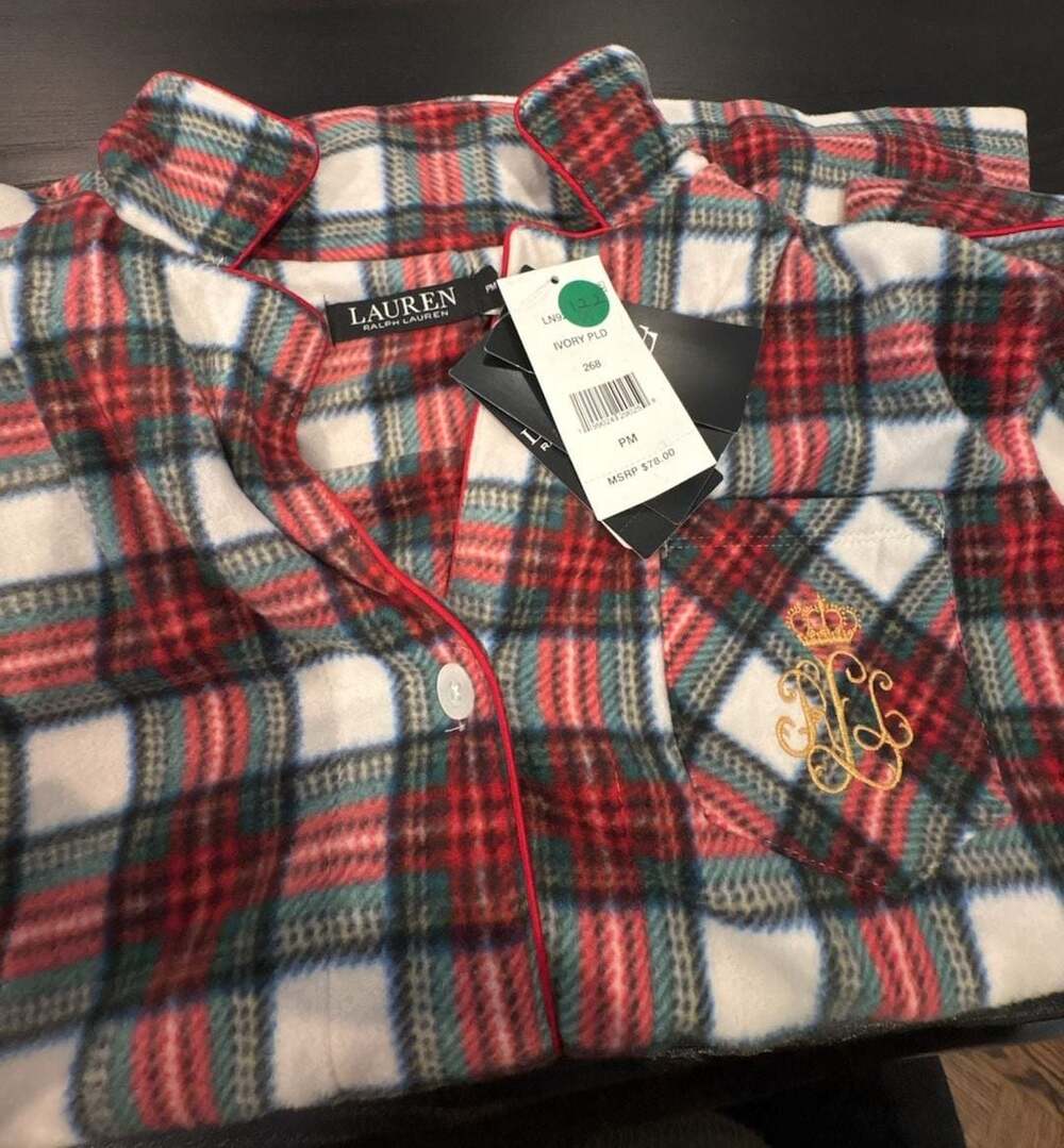 Ralph Lauren Plaid Fleece Button Up Pajama Sleep Shirt TOP ONLY petite M New